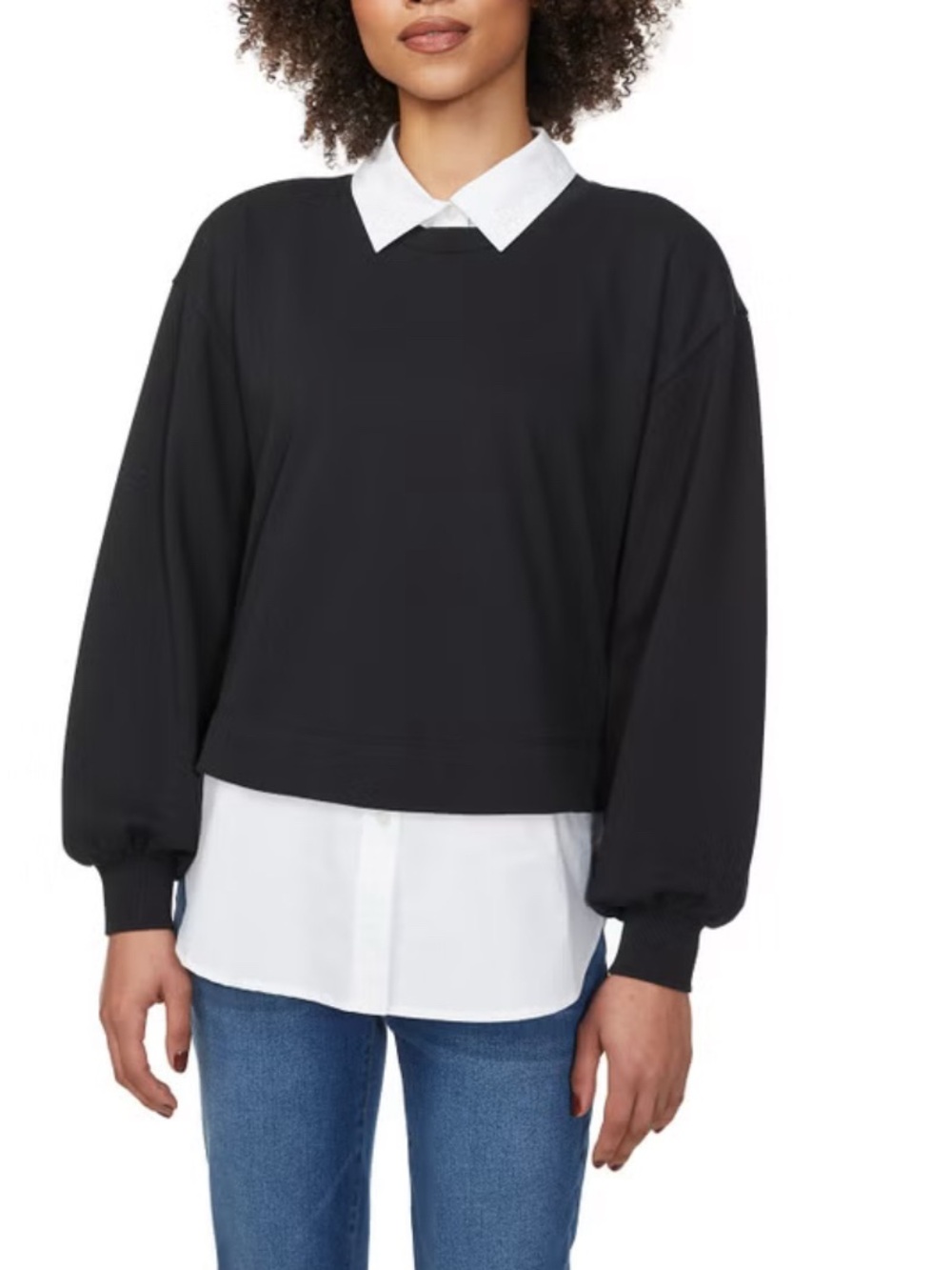 Loft Women’s Layered Sweatshirt w/faux Button Down Top – Black